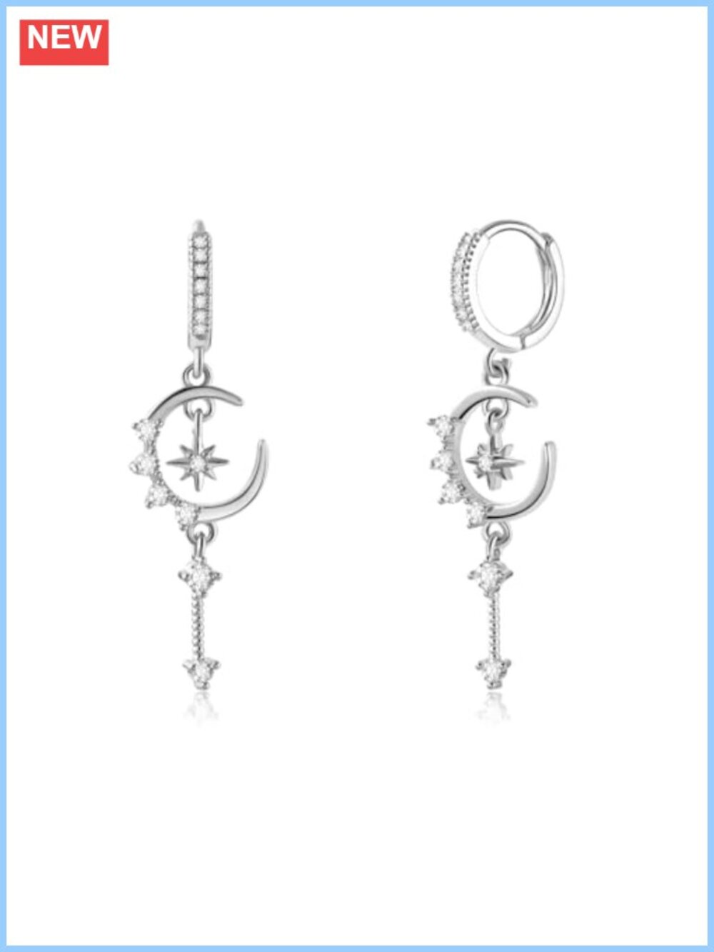 Silver Gold Plated Star Moon CZ Huggie Dangle Drop Earrings Witchy Celestial